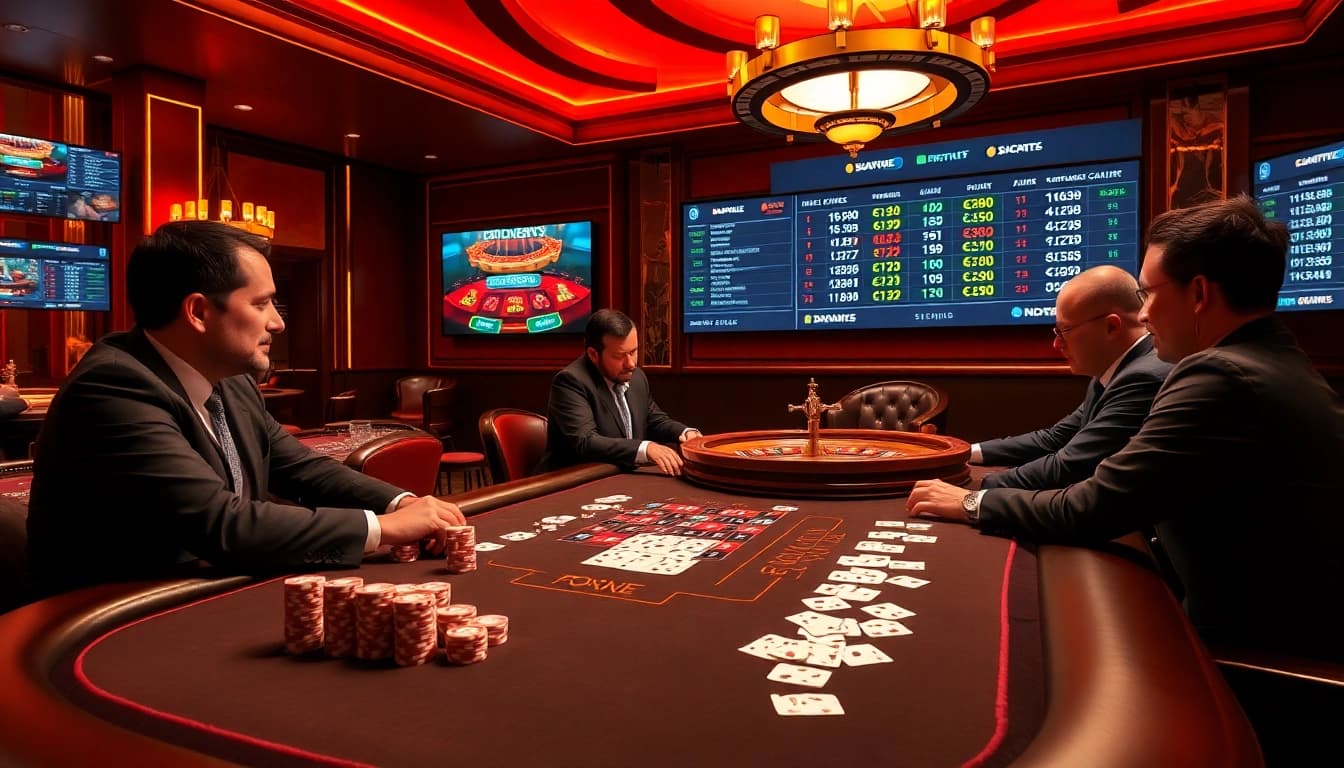 High-stakes poker at a luxurious table featuring https://e2bet-games.org with bustling excitement.