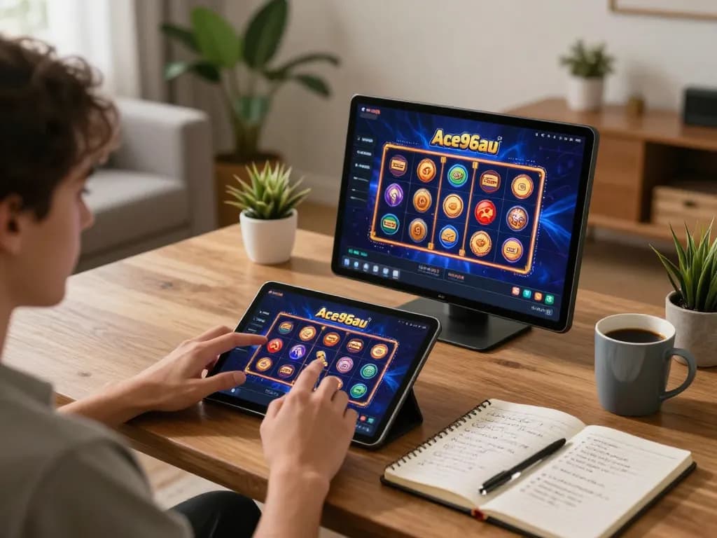 A player enjoying Ace96au on a tablet at home gaming setup, showcasing a balanced and responsible gaming experience.