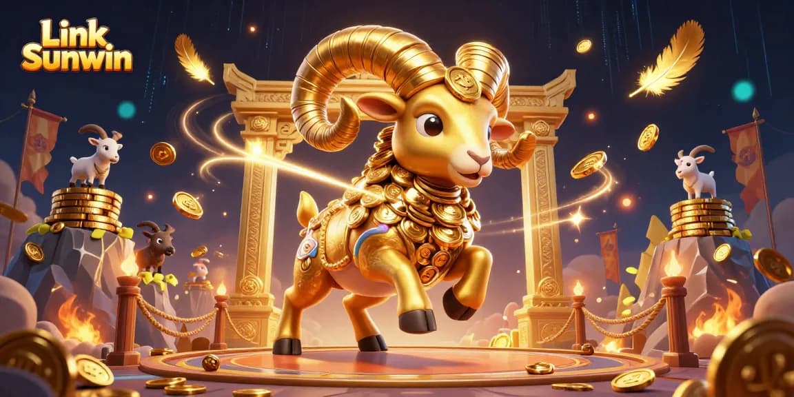 Bet big with Link Sunwin at a vibrant 3D casino, featuring an energetic golden ram and coin-stacked action.