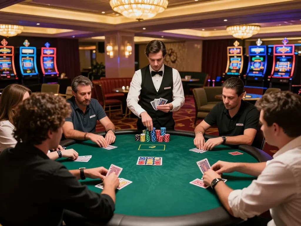 Players engaging in a thrilling poker game at a luxurious casino venue, showcasing strategic gameplay in debet88.