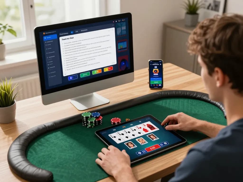 Me99 player enjoying live casino poker on tablet in a stylish home setting