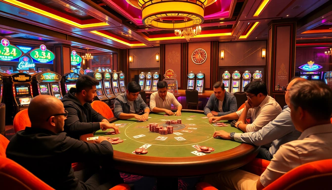 Players enjoy a vibrant poker game at GO88's luxurious casino, surrounded by colorful chips and cards.