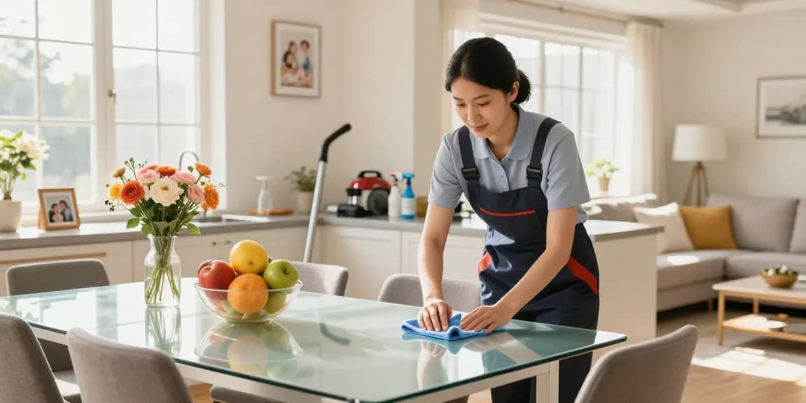 Reinigungen in a bright home, with a professional cleaner diligently wiping surfaces, showcasing a pristine kitchen atmosphere.