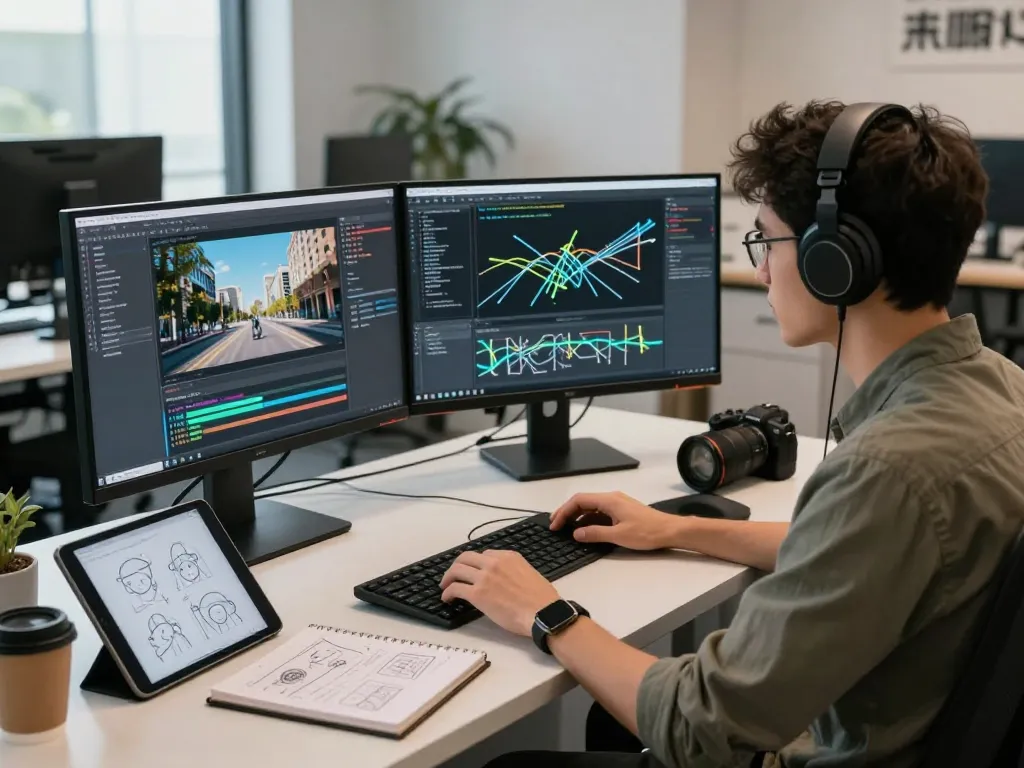 Engineer using motion control AI for mind control applications in a modern workspace.