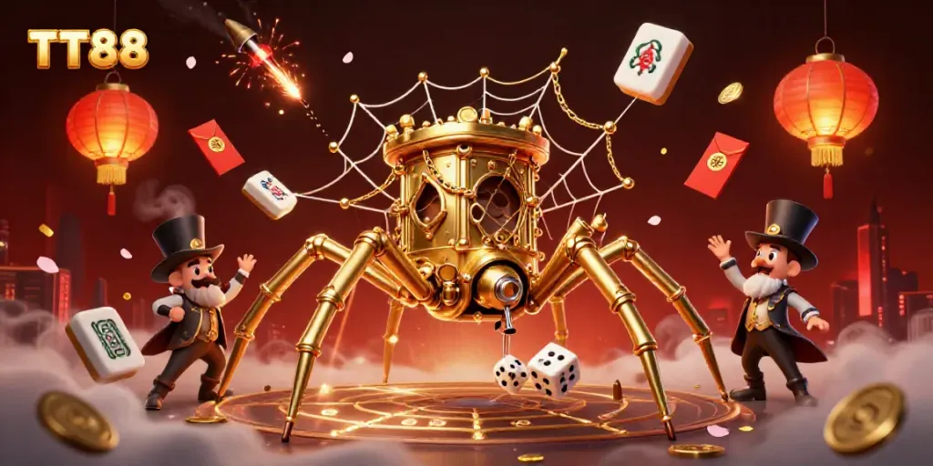 TT88 features a whimsical steampunk spider and fly gentleman in an elaborate gambling-themed scene.