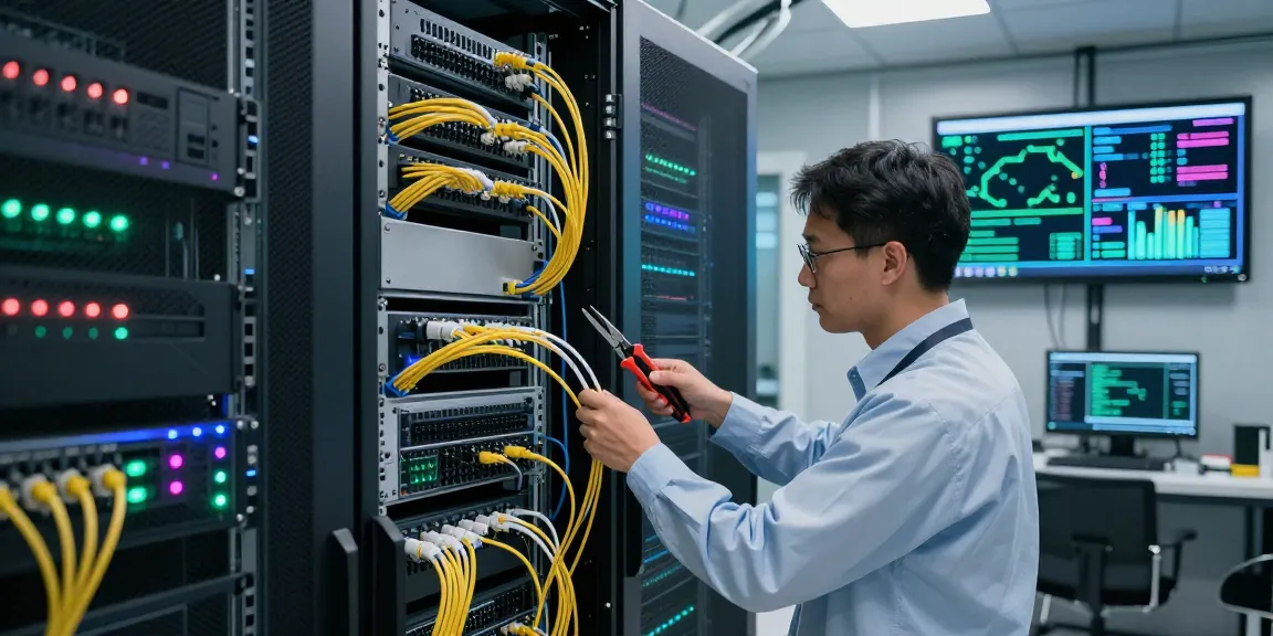 Expert inspecting fiber connectivity in a high-tech data center environment.