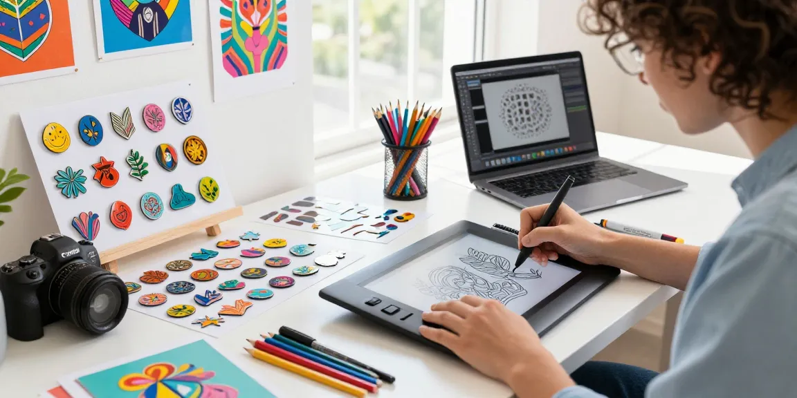 Custom acrylic pins designs in a vibrant design studio, showcasing creativity and artistic tools.