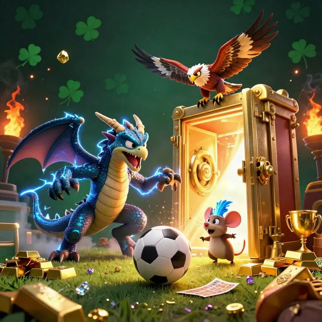 Thunder dragon, wind hawk and static mouse amid casino gold, sports balls, sparks and vault light.