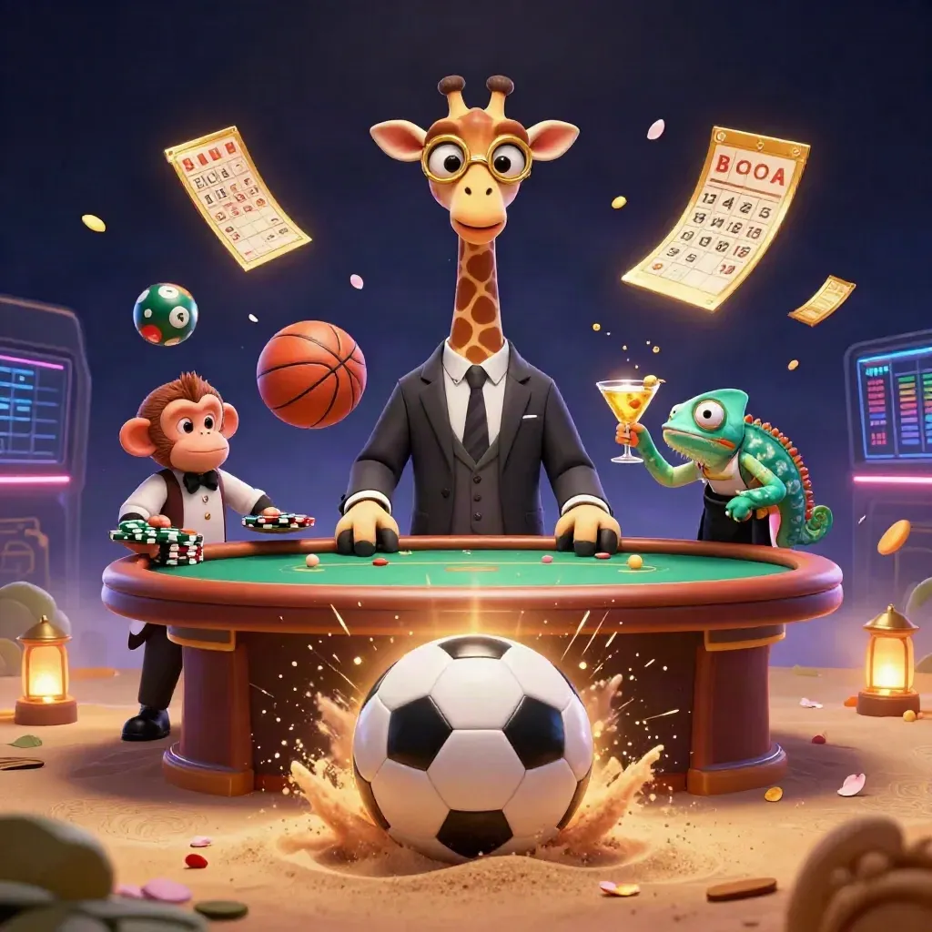 Ground-level casino-sports key art with giraffe, monkey, chameleon, soccer ball and neon effects.