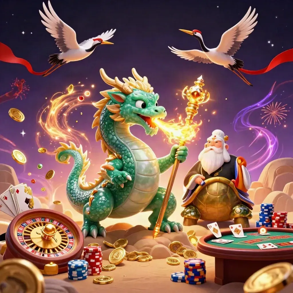 Jade dragon, turtle sage, and cranes amid gold fire, roulette, chips, coins, and starry purple magic.