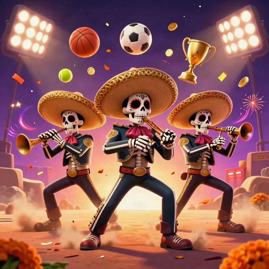 Skeleton mariachi trio with flying sports balls, coins, trophy and glowing lights in desert-luxe casino art