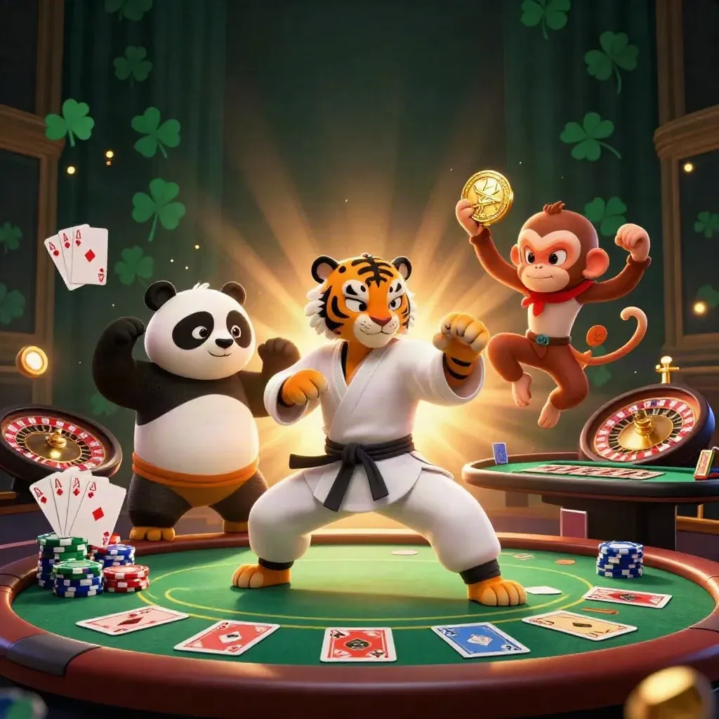 Tiger, panda, and monkey casino heroes amid gold, chips, cards, and glowing desert-luxe lights