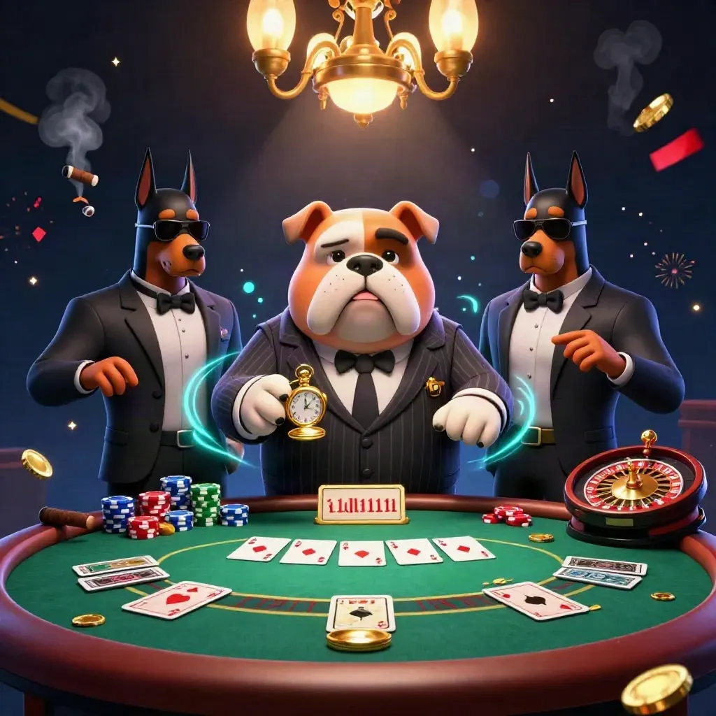 Bulldog mob boss with two Dobermans at a luxe casino table under chandelier glow.