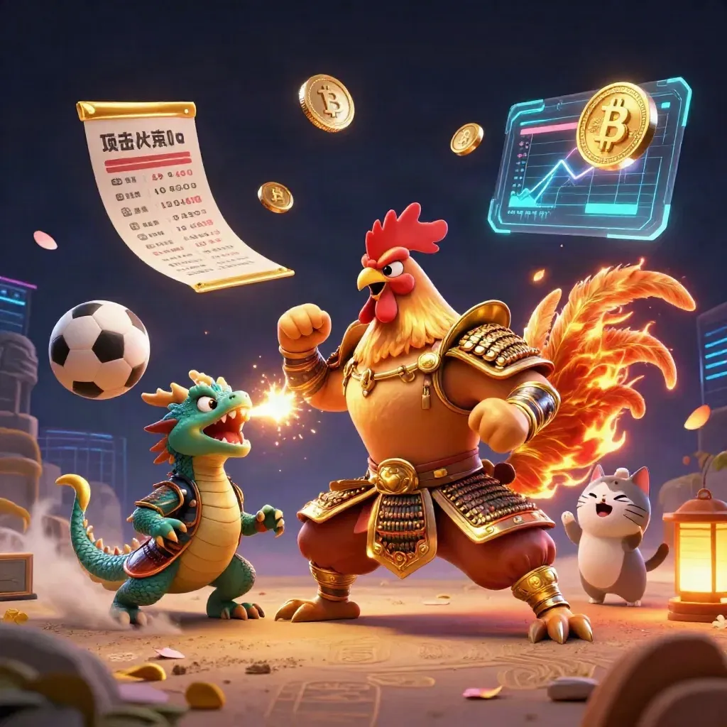Rooster samurai, spark-breathing dragon hatchling and fortune-cat amid casino sports neon.