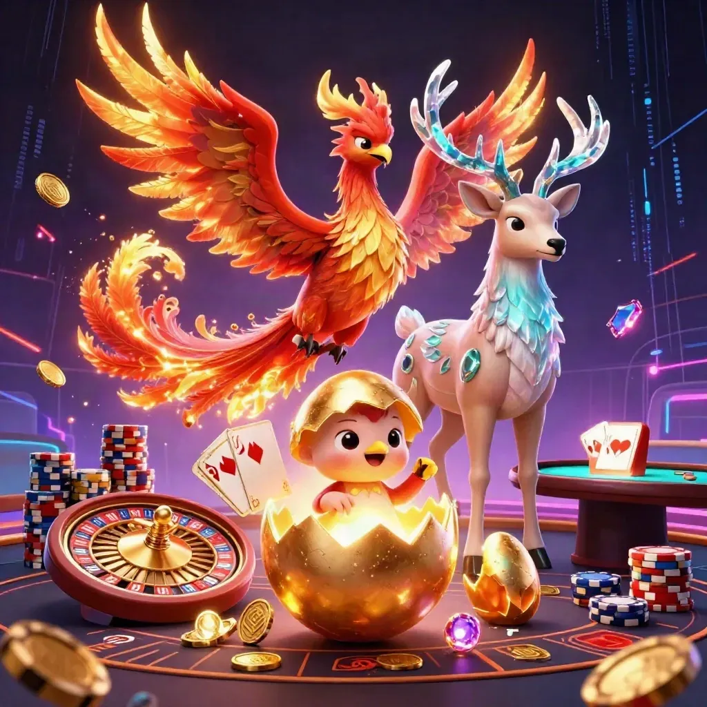 Phoenix, stag, and hatching chick amid roulette, coins, gems, and neon casino light.