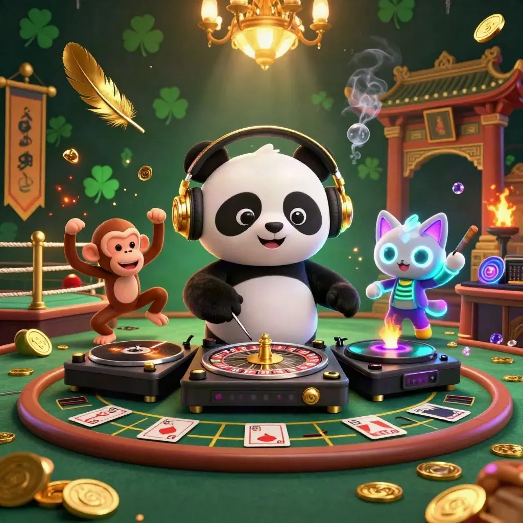 DJ panda, monkey, and glow kitten in a luxe casino room with roulette, cards, gold, and neon light.