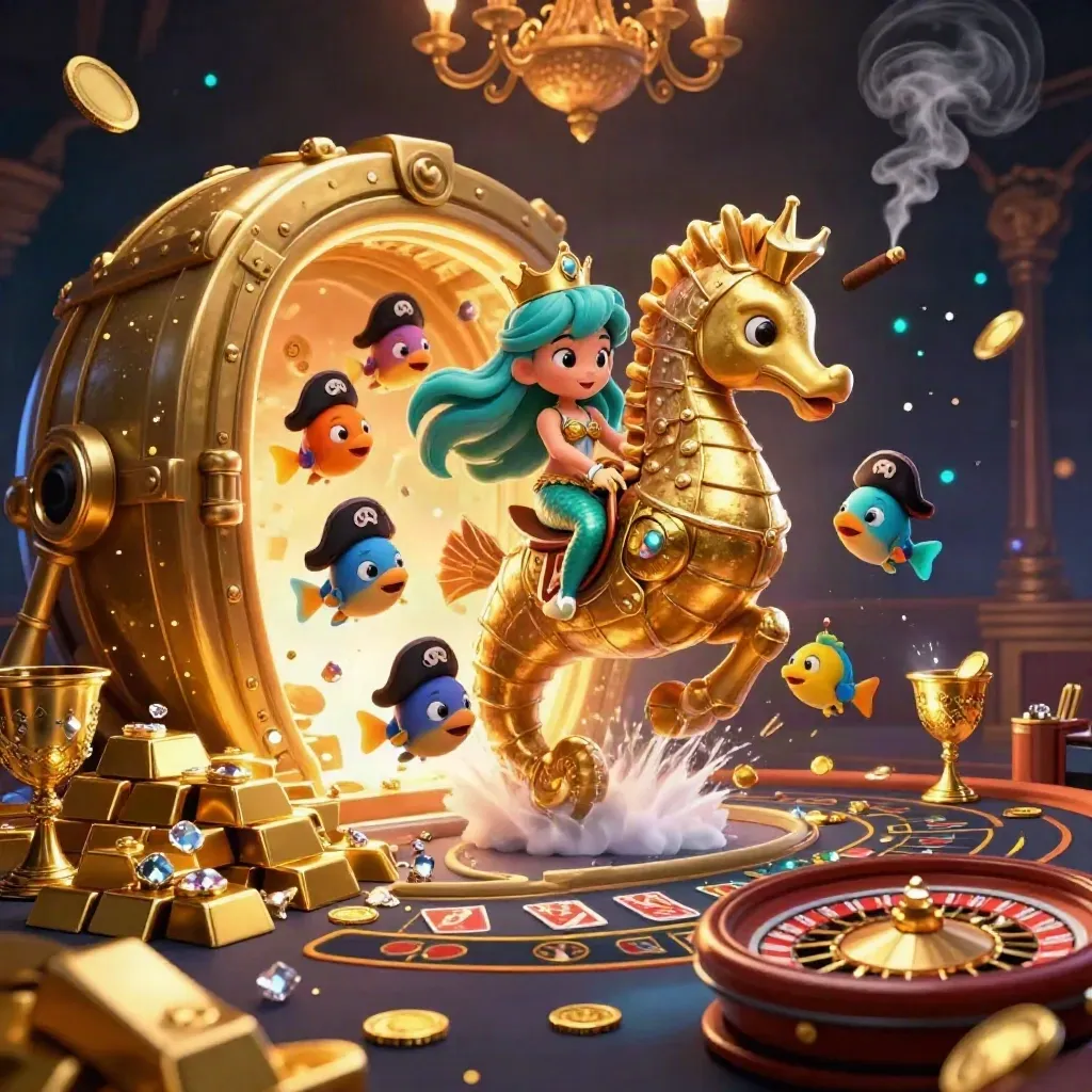 Mermaid princess on golden seahorse amid casino treasure and glowing lights