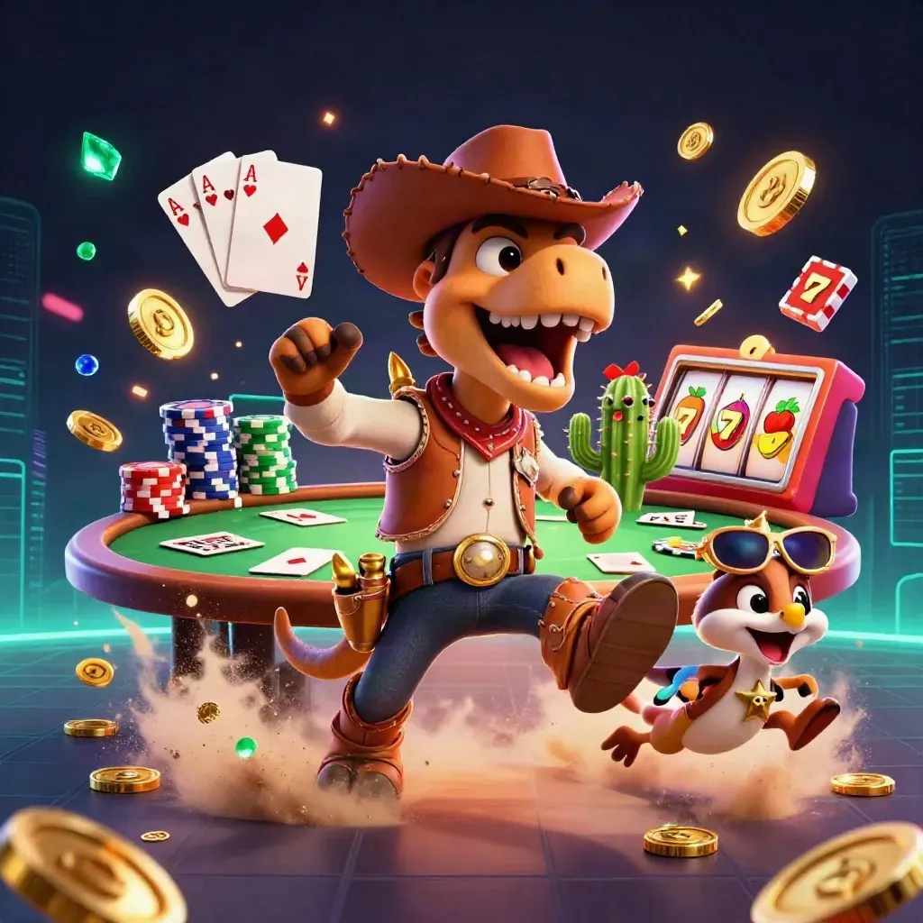 Cowboy T-Rex, cactus, and roadrunner blast through chips, cards, gems, and neon desert casino glow.