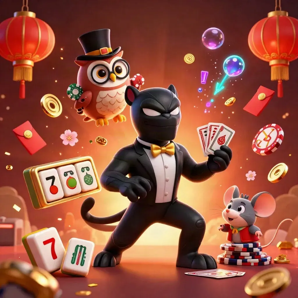 Black panther, owl and mouse casino heroes amid coins, lanterns, jade and fireworks.