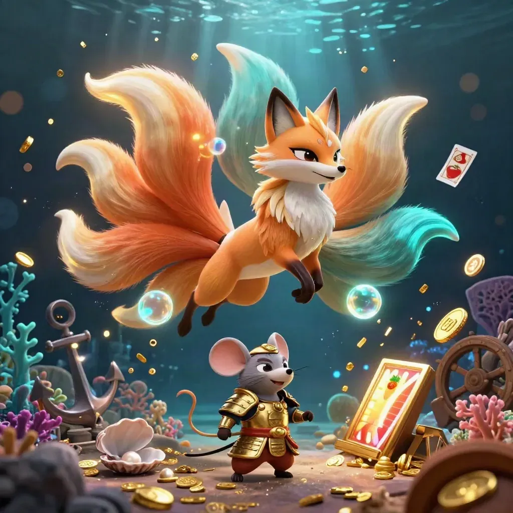 Fox spirit and samurai mouse amid treasure coins, coral, and glowing casino relics.