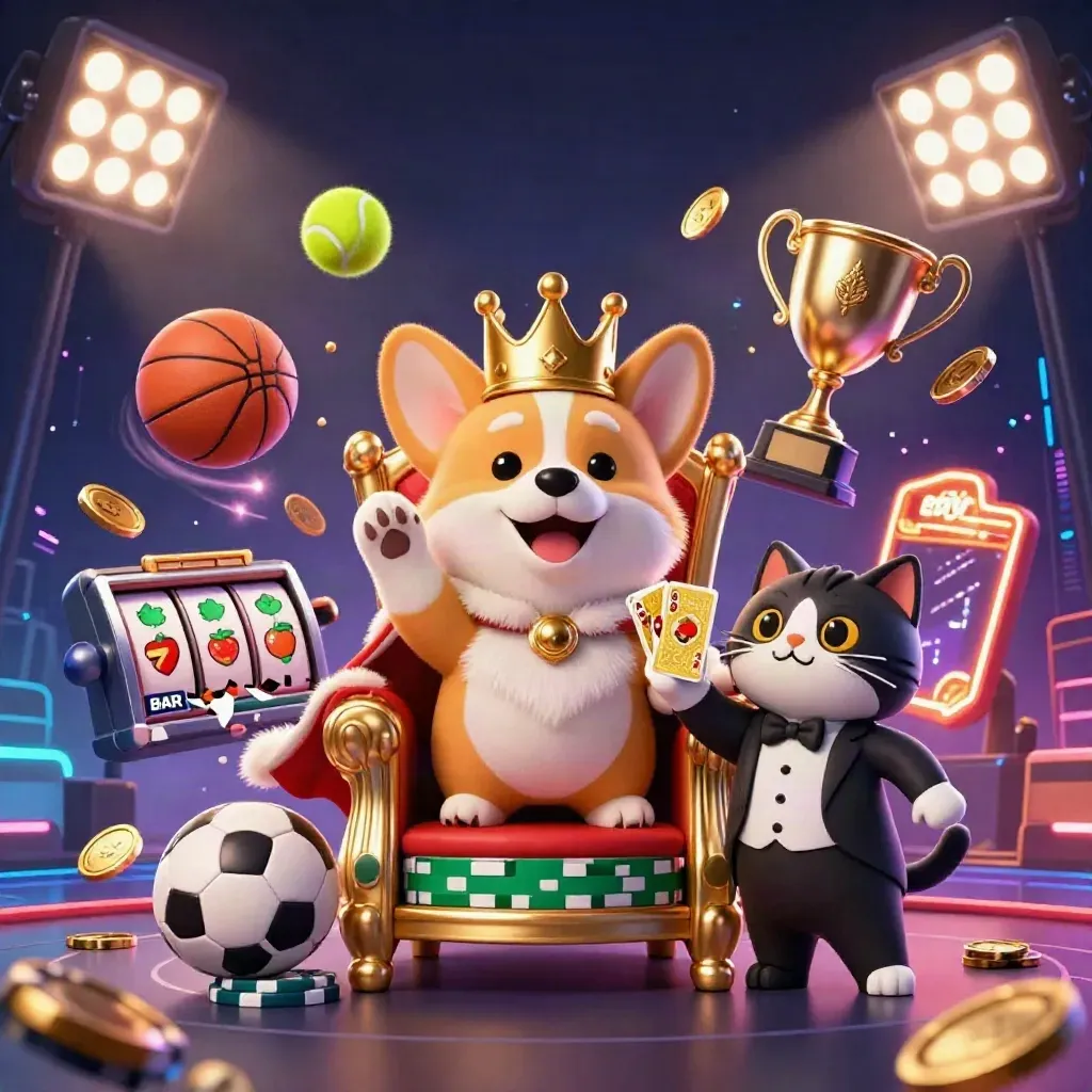 Royal corgi king and cat butler amid casino coins, sports balls, trophy, and neon desert-luxe glow