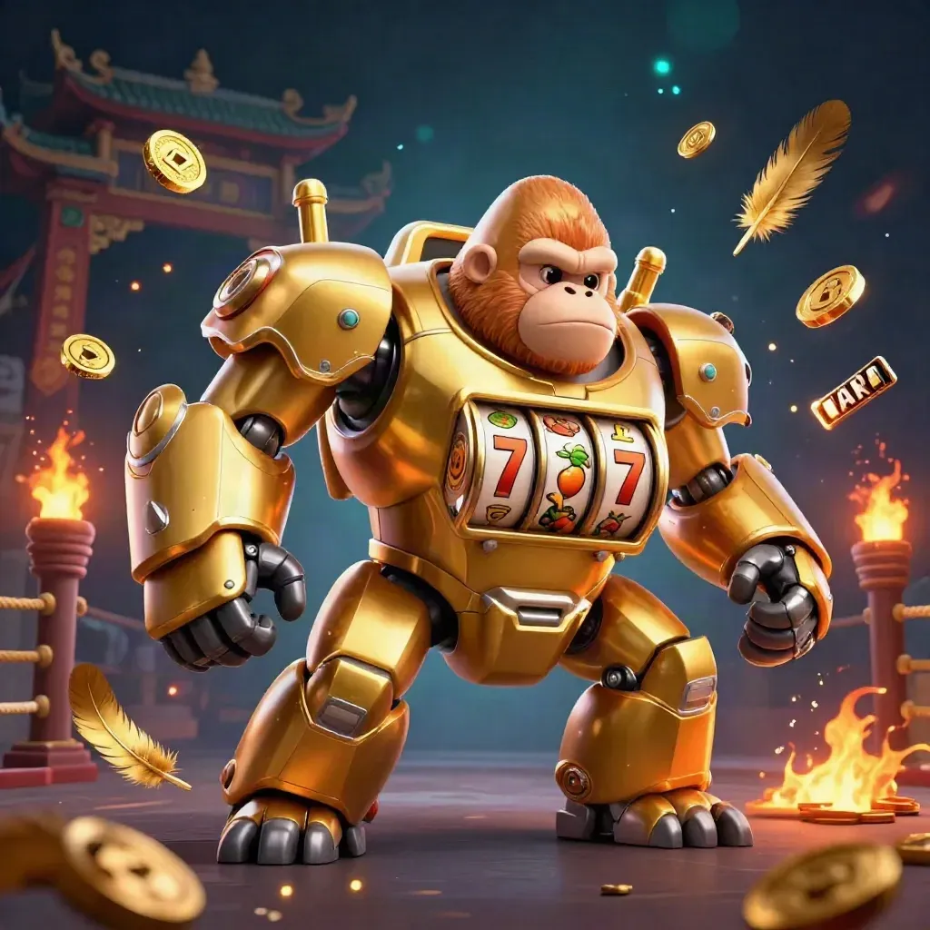 Golden gorilla slot-mech with monkey pilot amid temple, coins, and neon casino sparks
