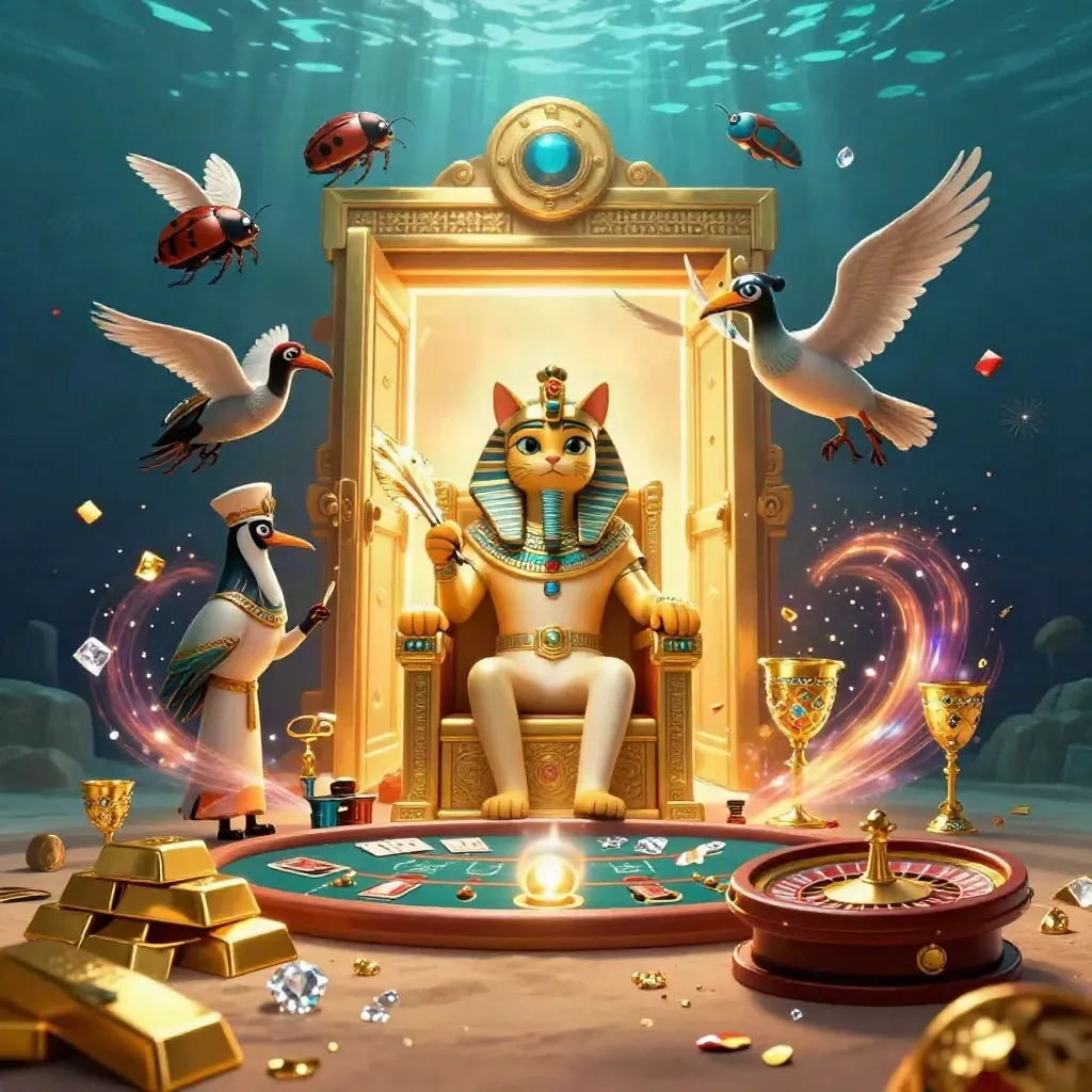 Pharaoh cat, ibis scribe and scarabs burst from a golden vault in a desert-luxe casino scene.