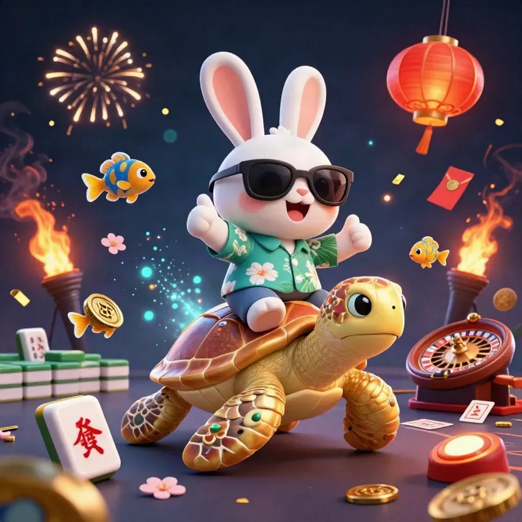 Lucky rabbit rides jeweled sea turtle amid casino treasure, fireworks, and gold coins.