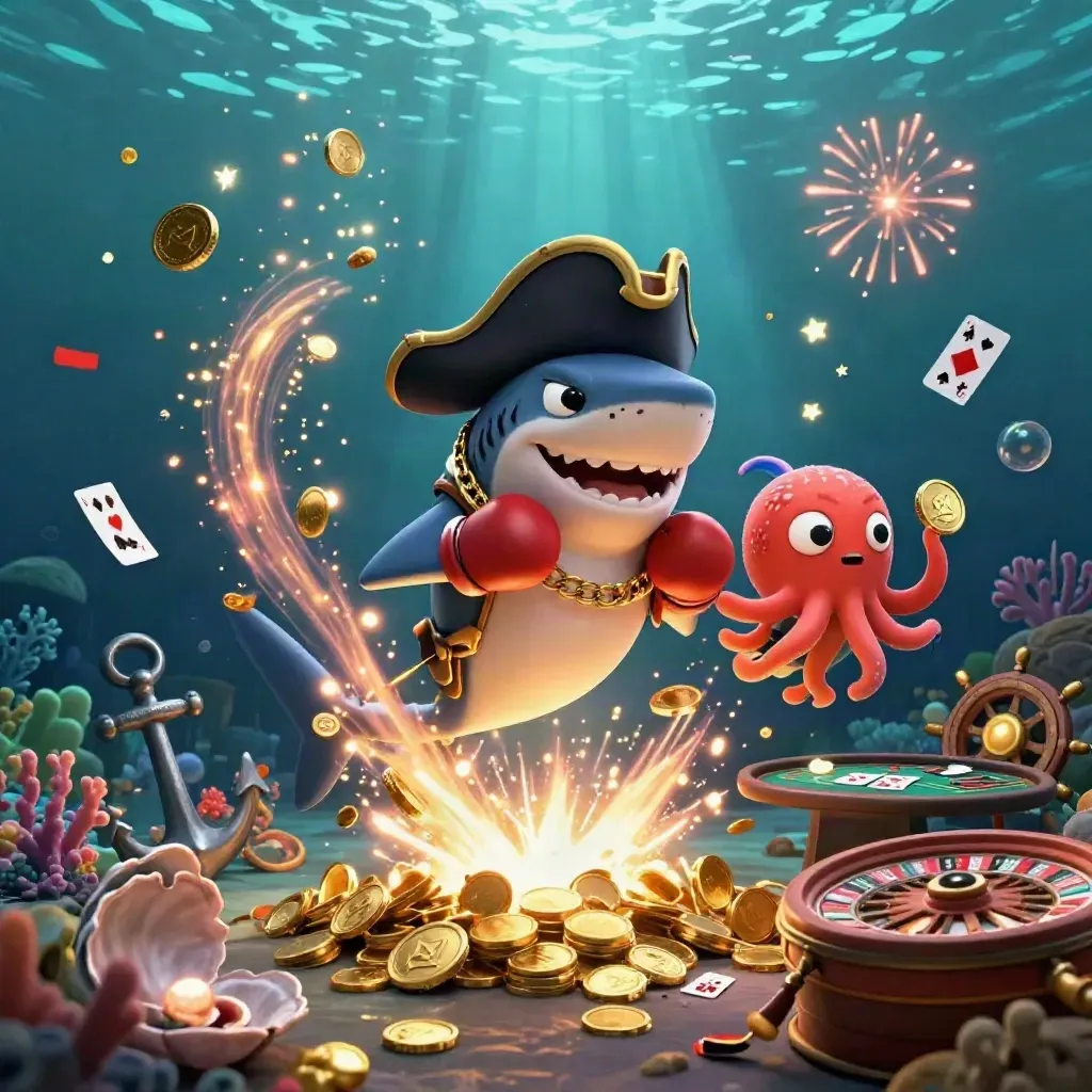 Pirate shark, pufferfish, and baby octopus amid coins, coral, fireworks, and treasure