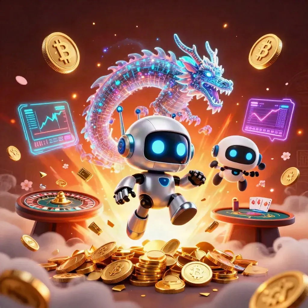 Robot, dragon, and drone amid exploding gold coins, crypto symbols, roulette, and casino glow.