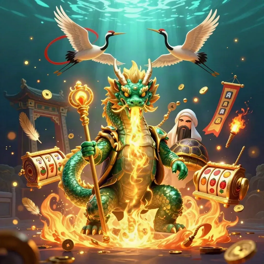 Jade dragon, turtle sage, and cranes amid gold fire, coins, and slot symbols on a dark teal glow.