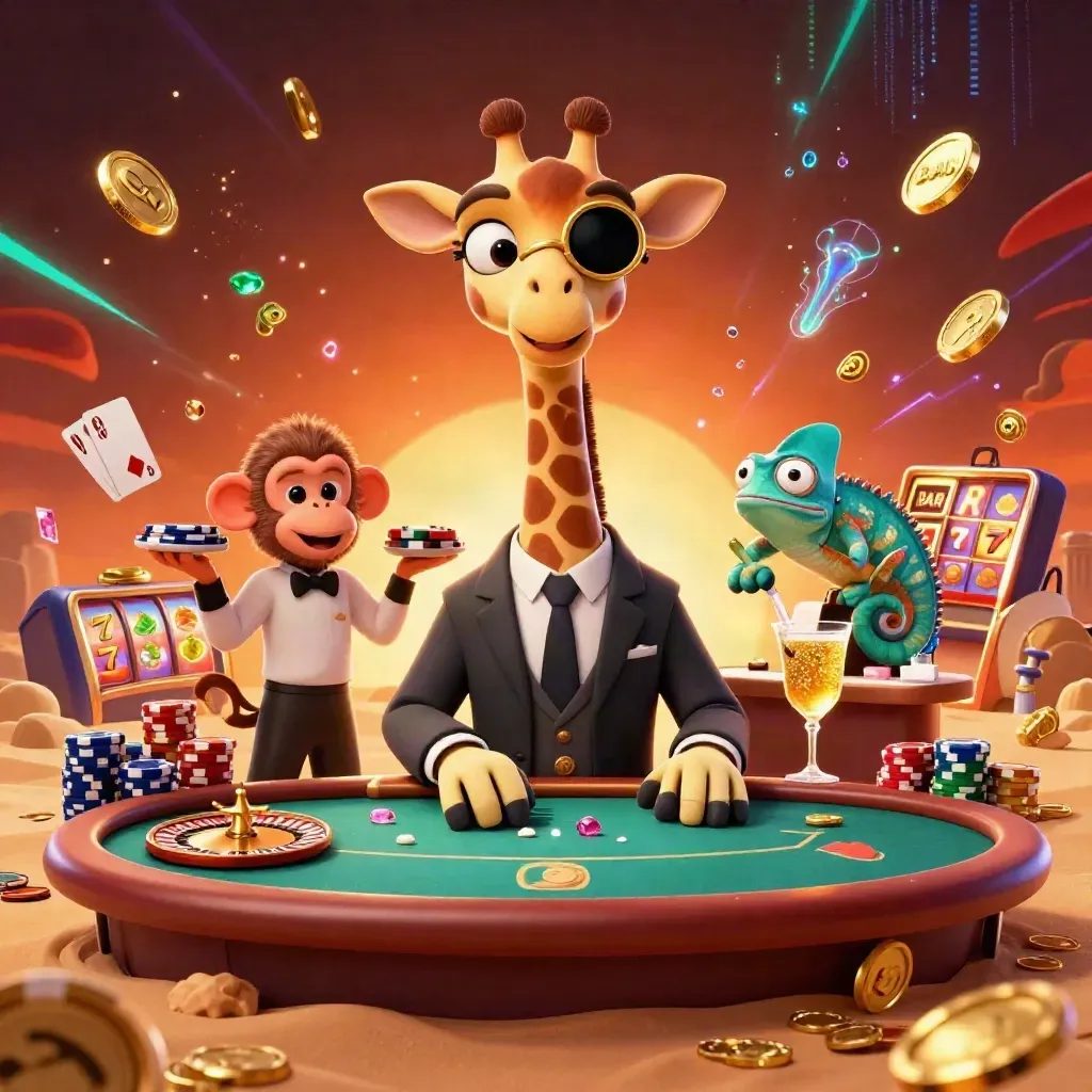 Giraffe poker boss with monkey valet and chameleon bartender amid casino bursts
