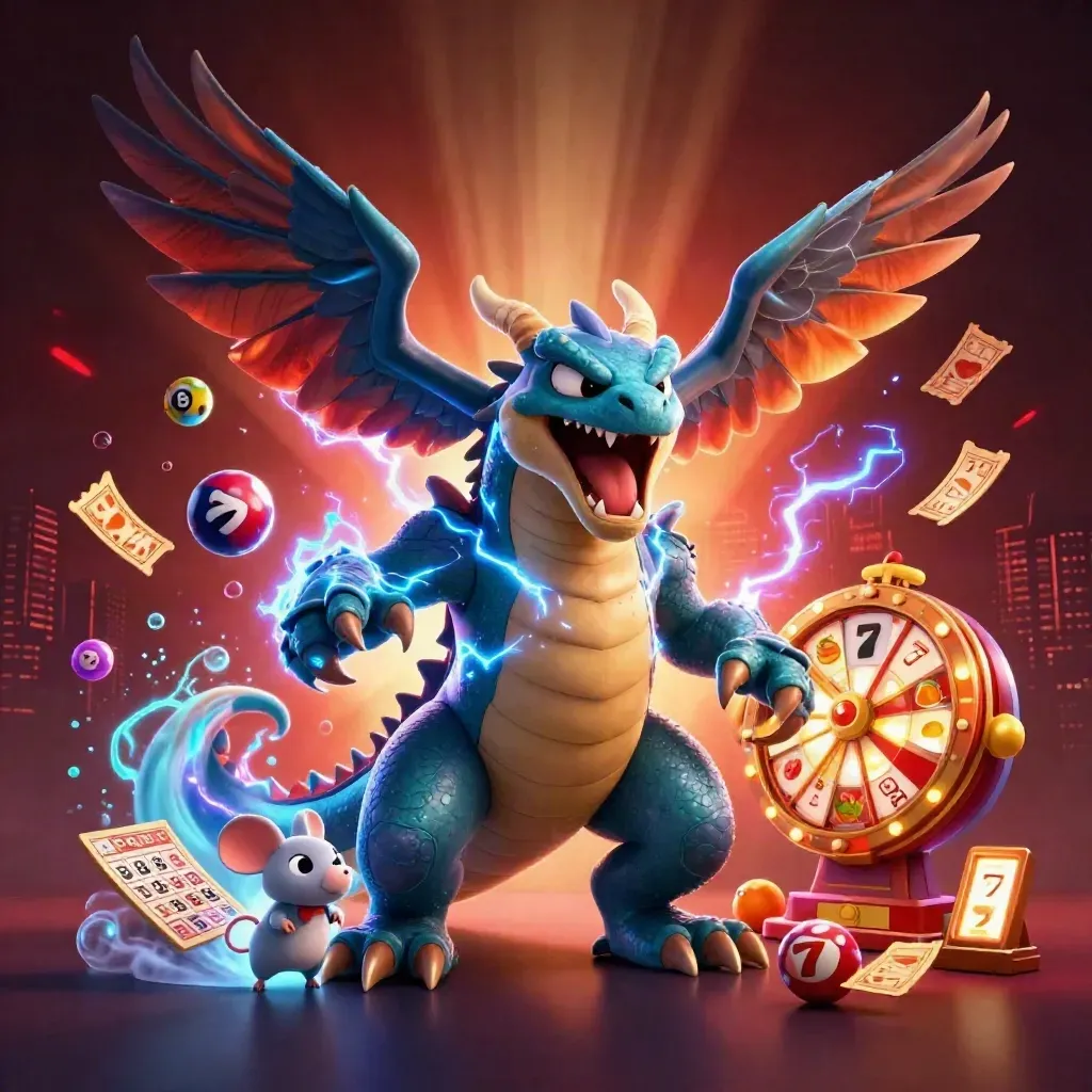 Thunder dragon, wind hawk, and static mouse amid casino props on a dark neon desert skyline.