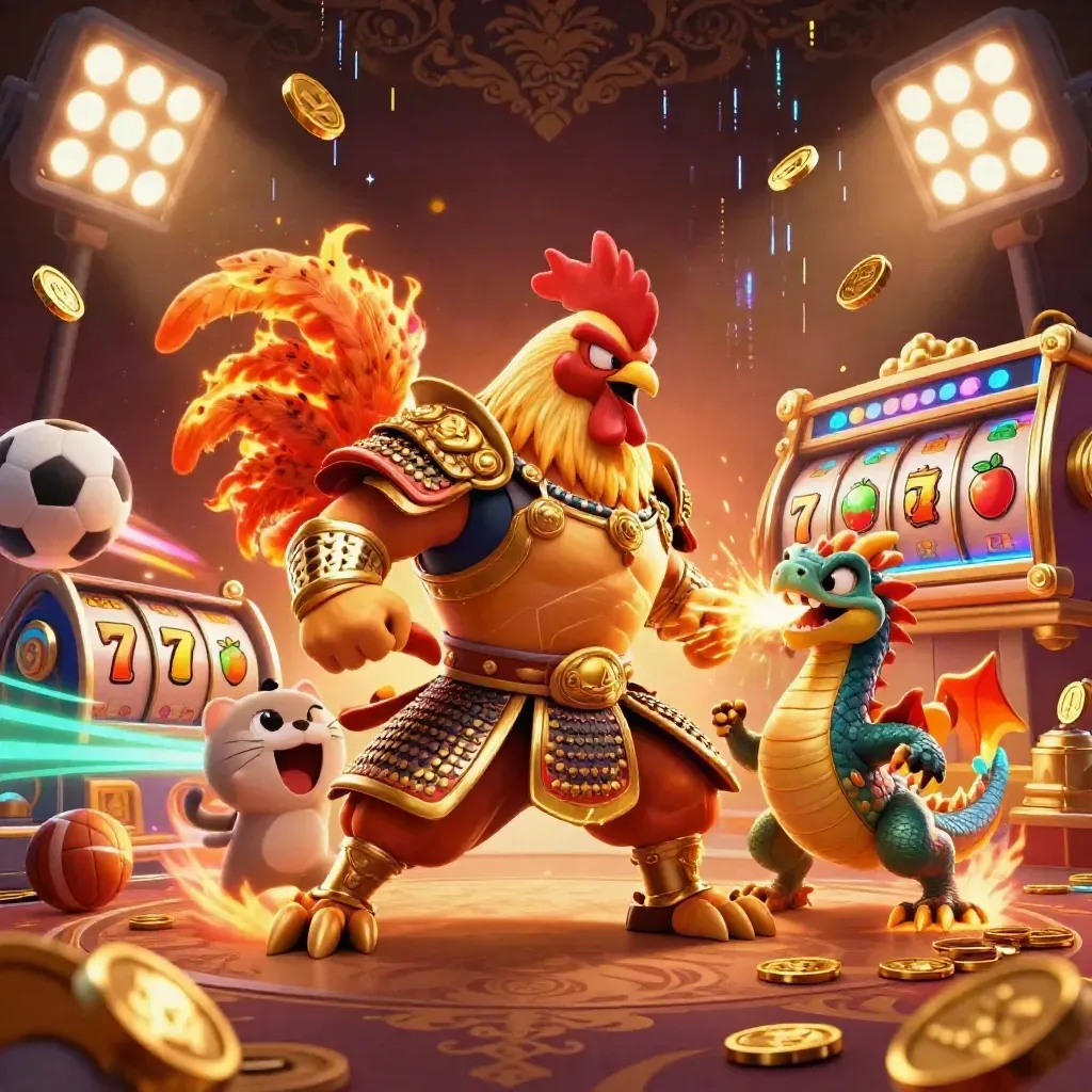 Rooster warrior, dragon hatchling, and fortune-cat amid casino symbols and desert-luxe neon chaos.
