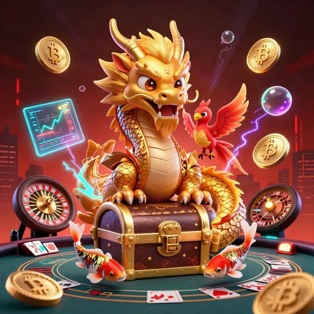 Golden dragon with phoenix, koi, coins and casino table in a neon desert-luxe burst.