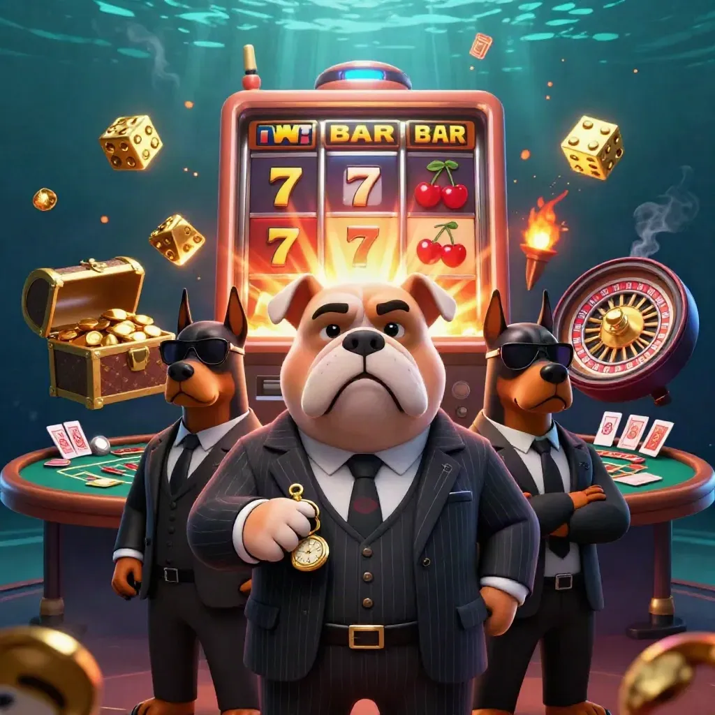 Bulldog mob boss with Doberman guards amid slot jackpots, gold, and casino props