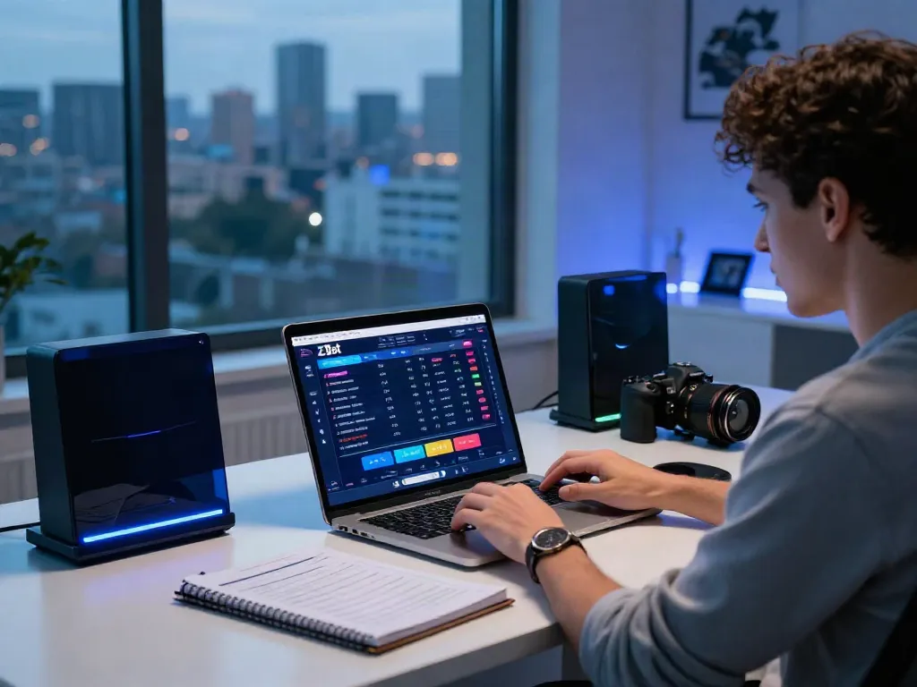 Engaged user exploring Z Bet online betting platform in a modern office.