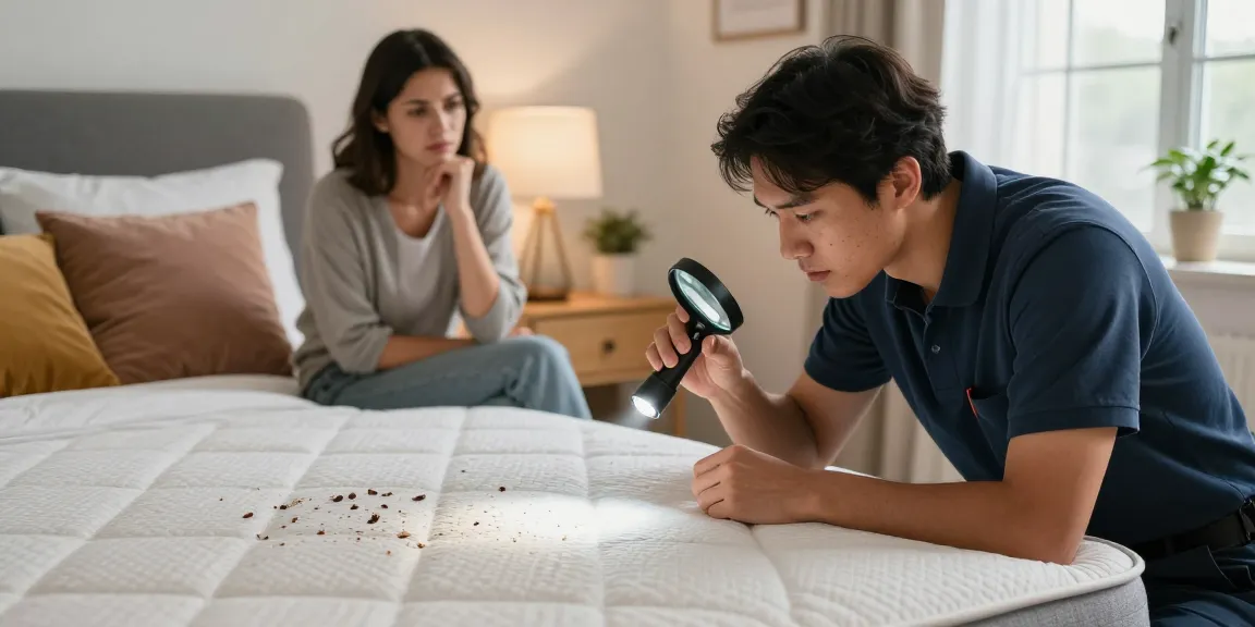 Bed bug exterminator examining a mattress for signs of infestation in a cozy Milwaukee bedroom.