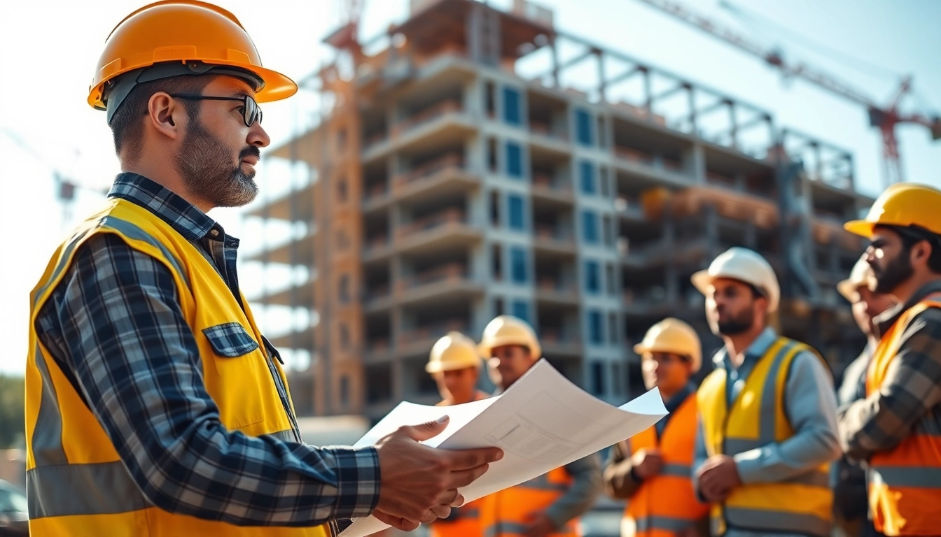 Manhattan Construction Manager overseeing team at active construction site with blueprints.