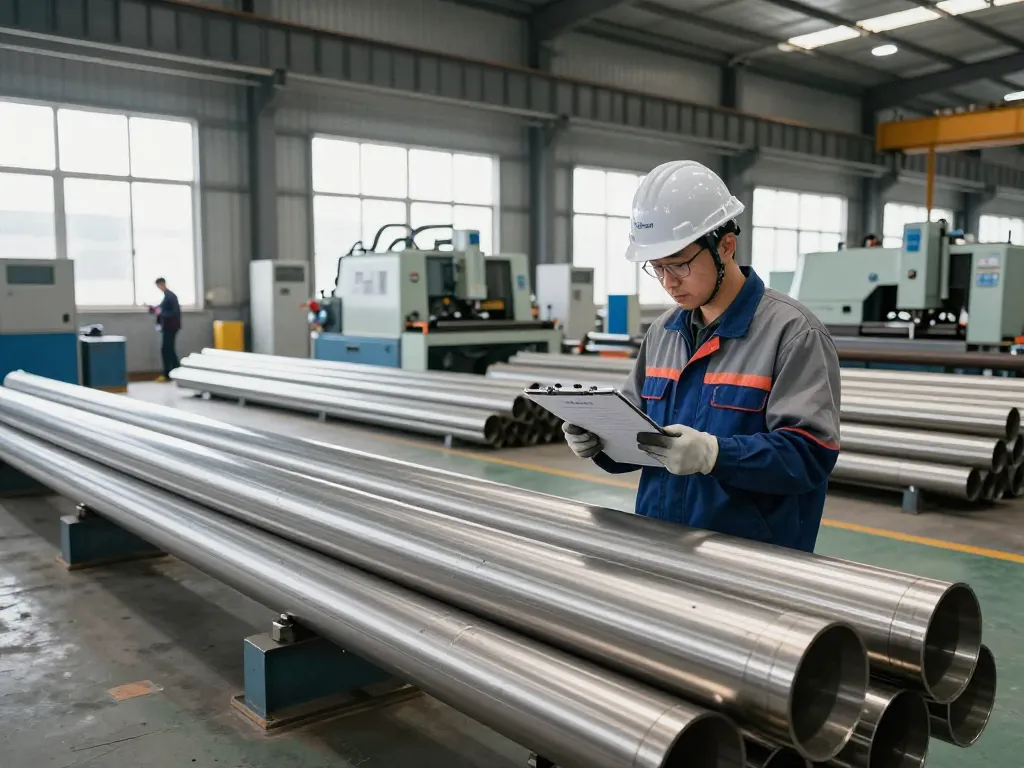 Worker inspecting sumwin stainless steel pipes in a bright industrial manufacturing facility with machinery.
