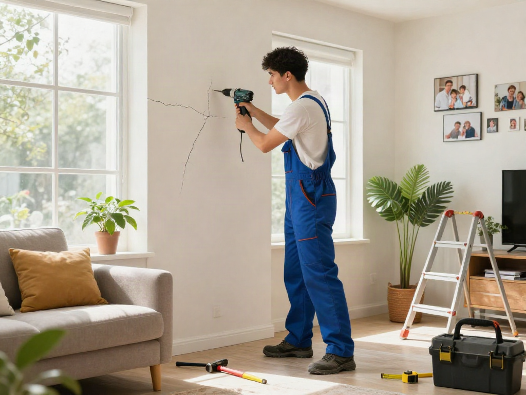 Home repair services Des Moines Iowa, handyman expertly fixing drywall in a cozy living room filled with natural light.