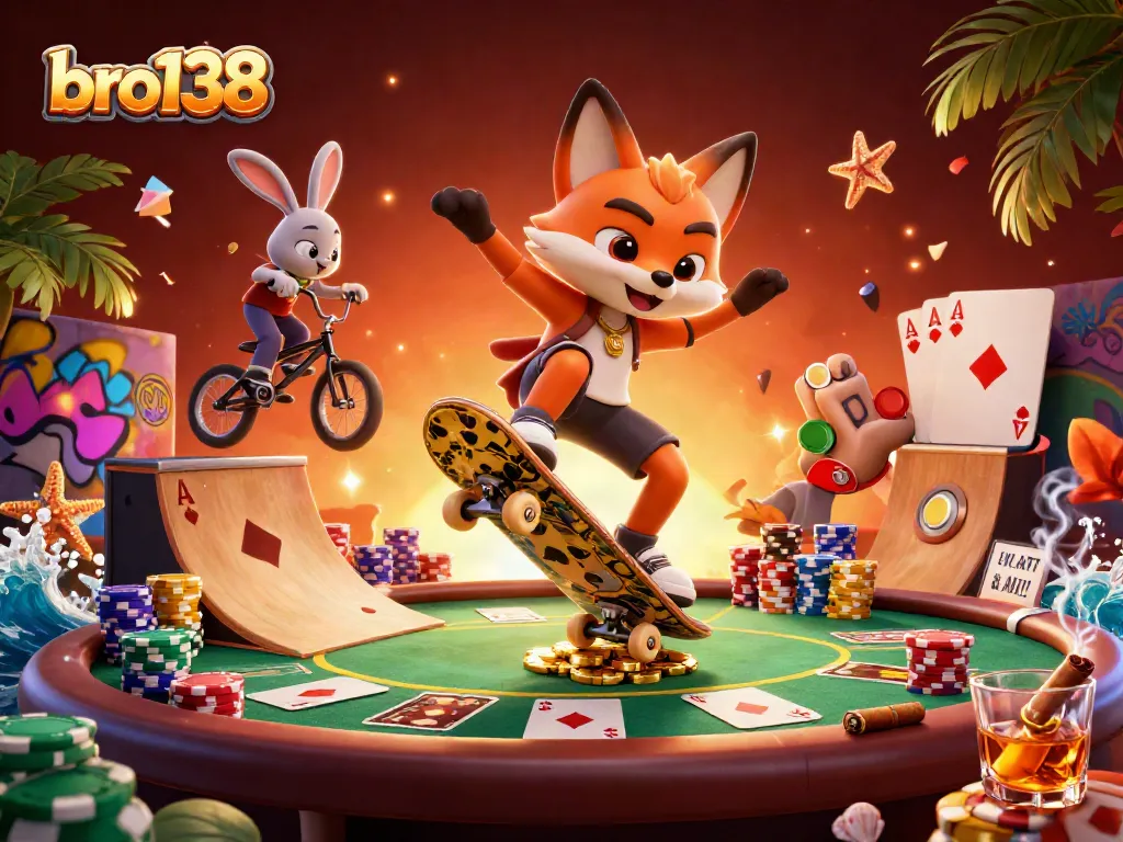 Spin and win at bro138 with a dynamic 3D gaming scene featuring vibrant cartoon characters and casino action.