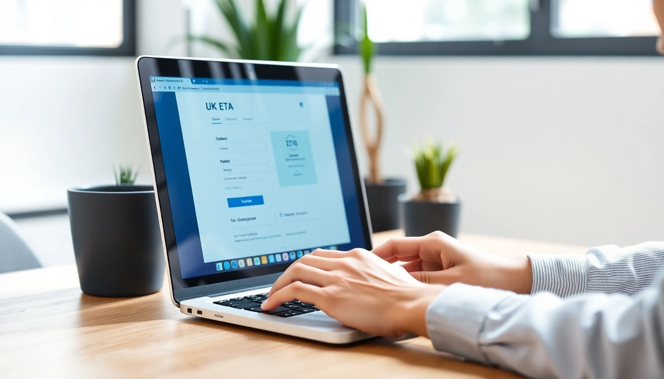 Applicant efficiently using the uk eta online application on a laptop in a stylish office.