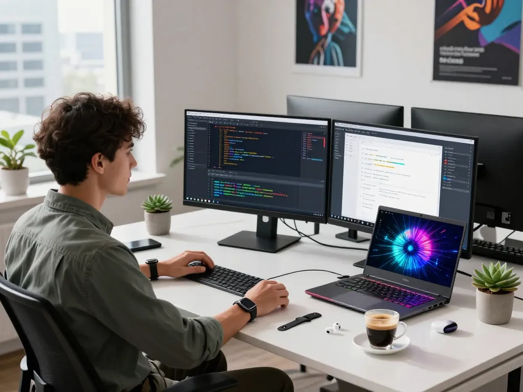Techsslaash com workspace with developer coding, dual monitors, and city views