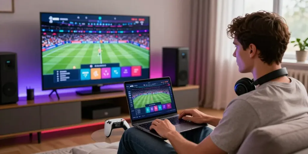 DA88 online gaming experience with a user engaged in vibrant interface on laptop in a cozy living room.