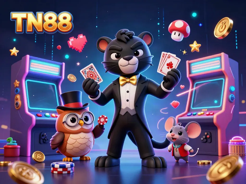 Experience the excitement at TN88 as a stylish panther elegantly deals cards surrounded by vibrant casino elements.