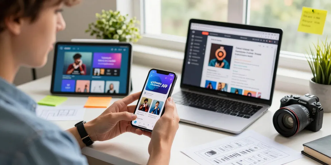Downloading content using Vidmate APK on a modern workspace setup, showcasing vibrant tech elements.