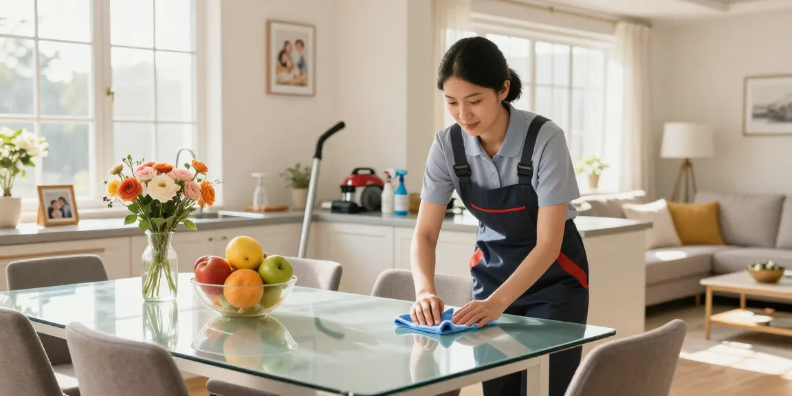 Reinigungen in a bright home, with a professional cleaner diligently wiping surfaces, showcasing a pristine kitchen atmosphere.