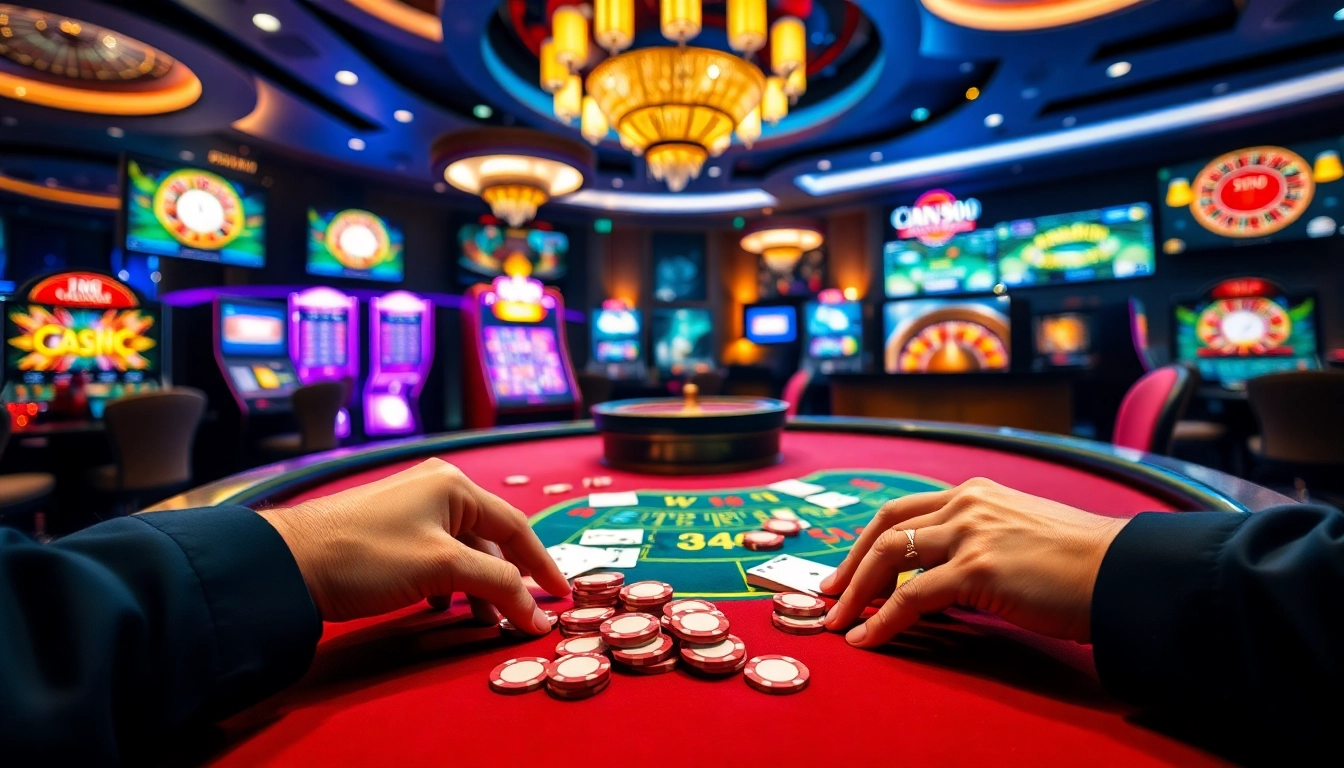 Experience the thrill of king88 vina in a vibrant casino scene with poker chips and slot machines.