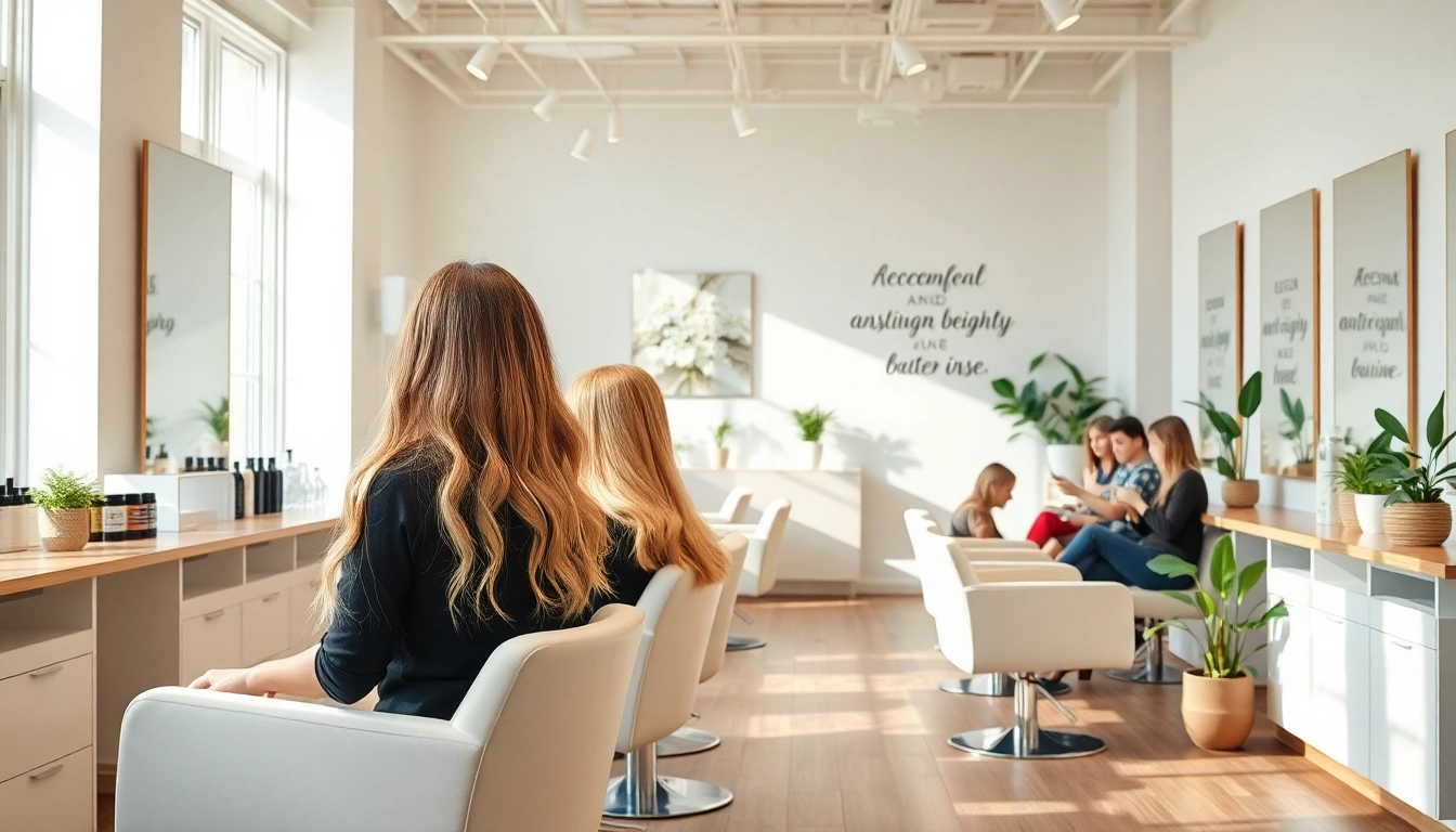 Omnia Salon showcasing a modern, inviting interior with hairstyling stations and vibrant hair colors.